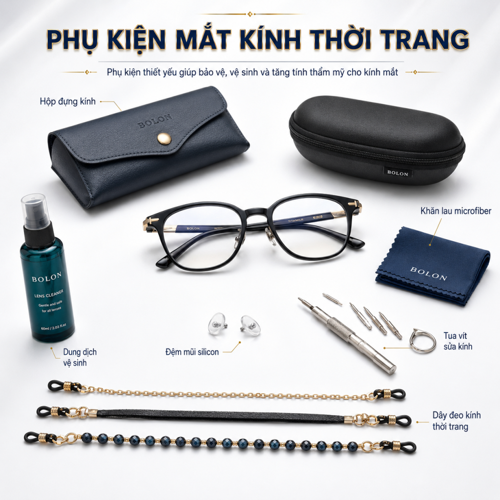 Các loại phụ kiện mắt kính thời trang gồm hộp đựng kính, nước lau kính, khăn microfiber, dây đeo và bộ dụng cụ sửa chữa