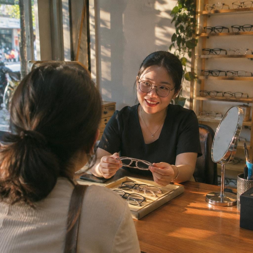 Quầy dịch vụ khách hàng tại một cửa hàng mắt kính, với nhân viên đang tư vấn cho khách hàng.