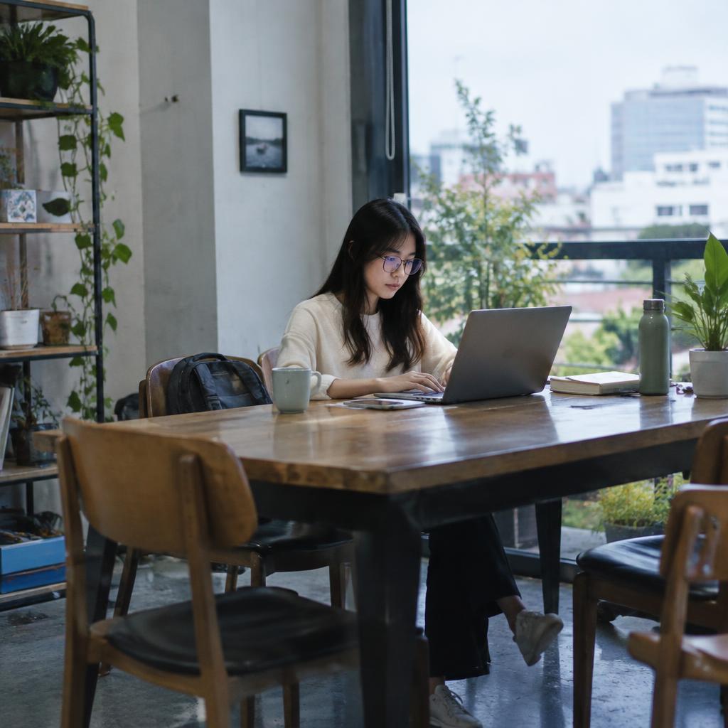 Một người phụ nữ đeo kính bảo vệ mắt văn phòng đang làm việc trên máy tính xách tay