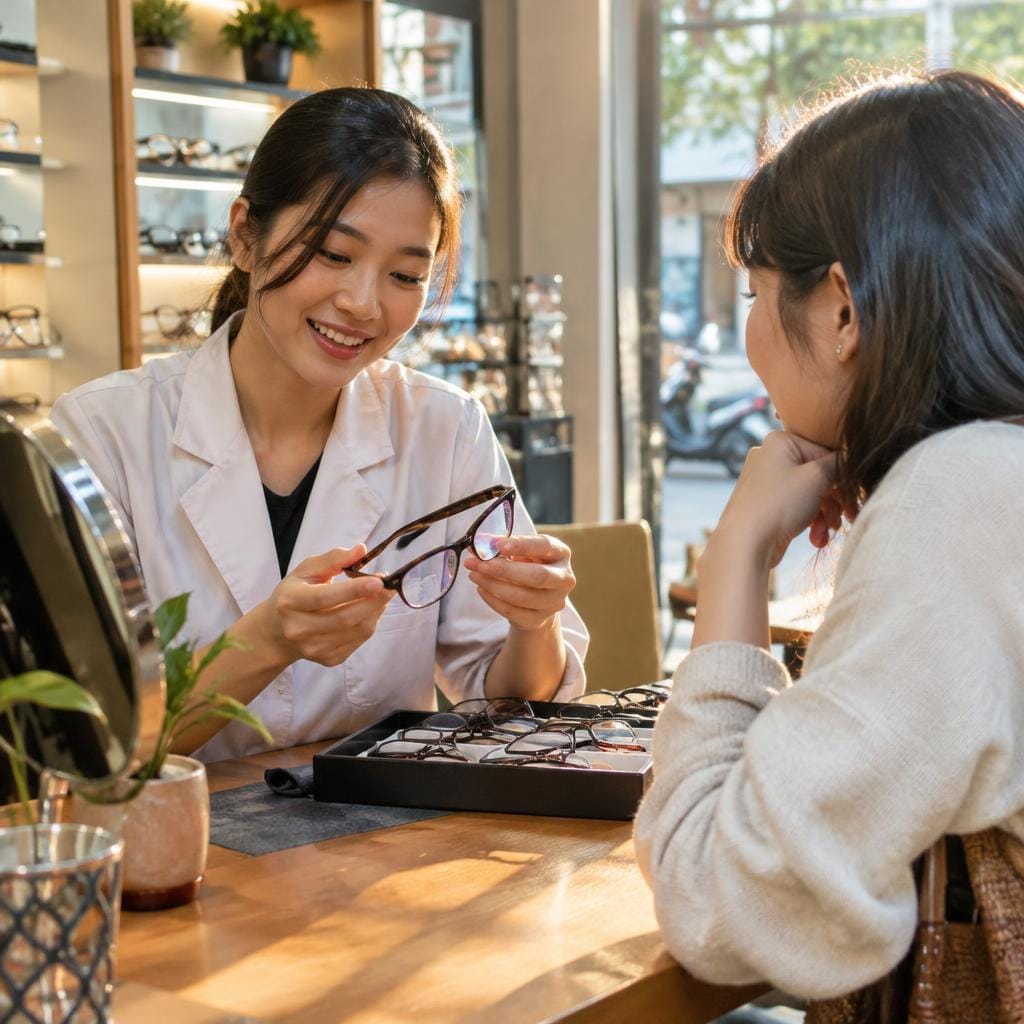 Chuyên viên tư vấn đang giúp khách hàng chọn gọng kính tại cửa hàng Lumi Eyewear