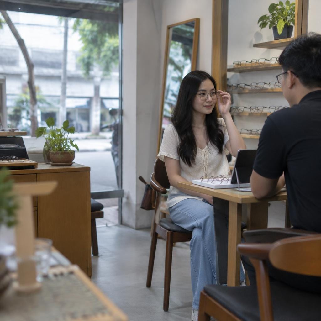 Khách hàng đang thử kính mắt và nhận tư vấn tại quầy hàng