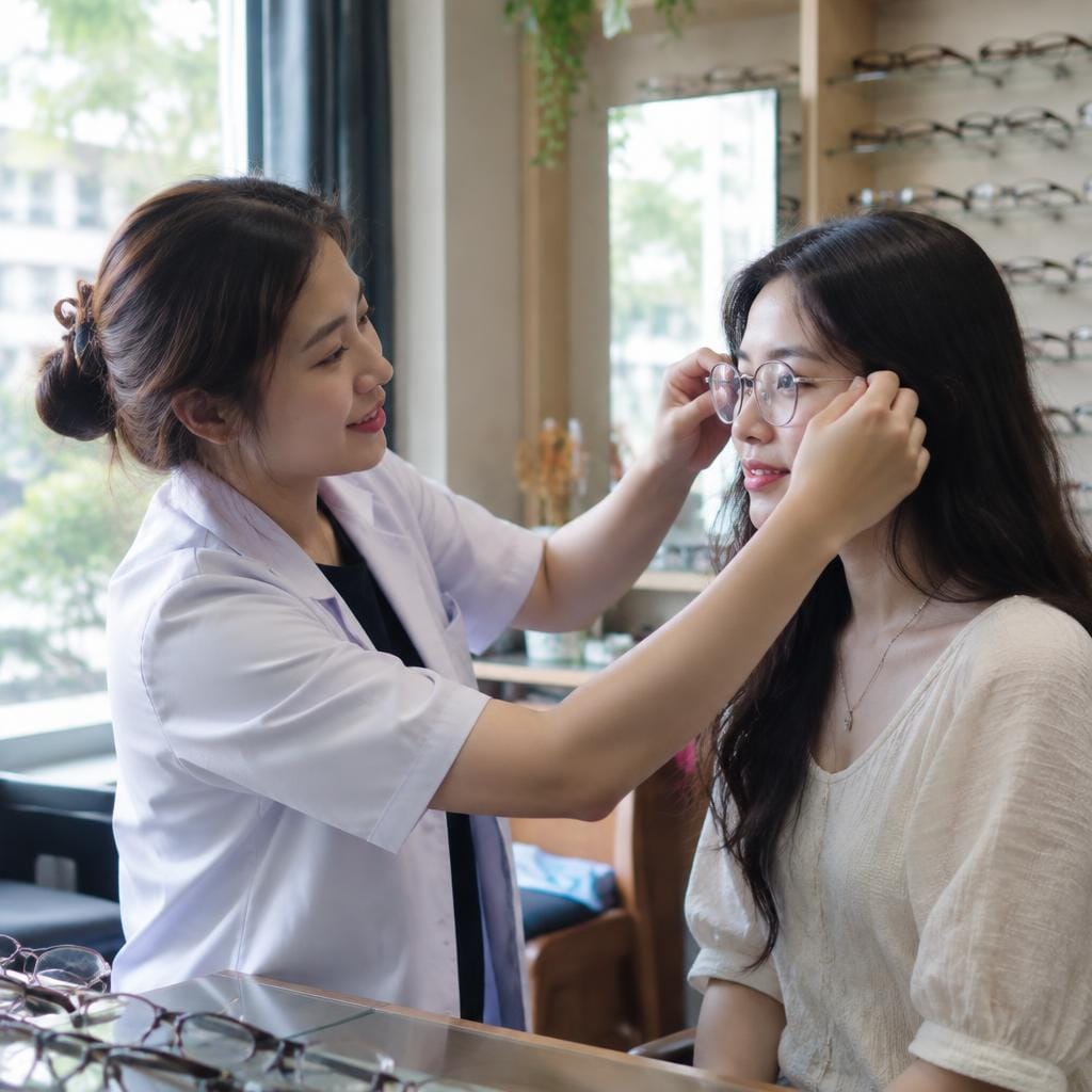 Chuyên viên tư vấn đang hỗ trợ khách hàng thử mắt kính tại showroom Lumi Eyewear