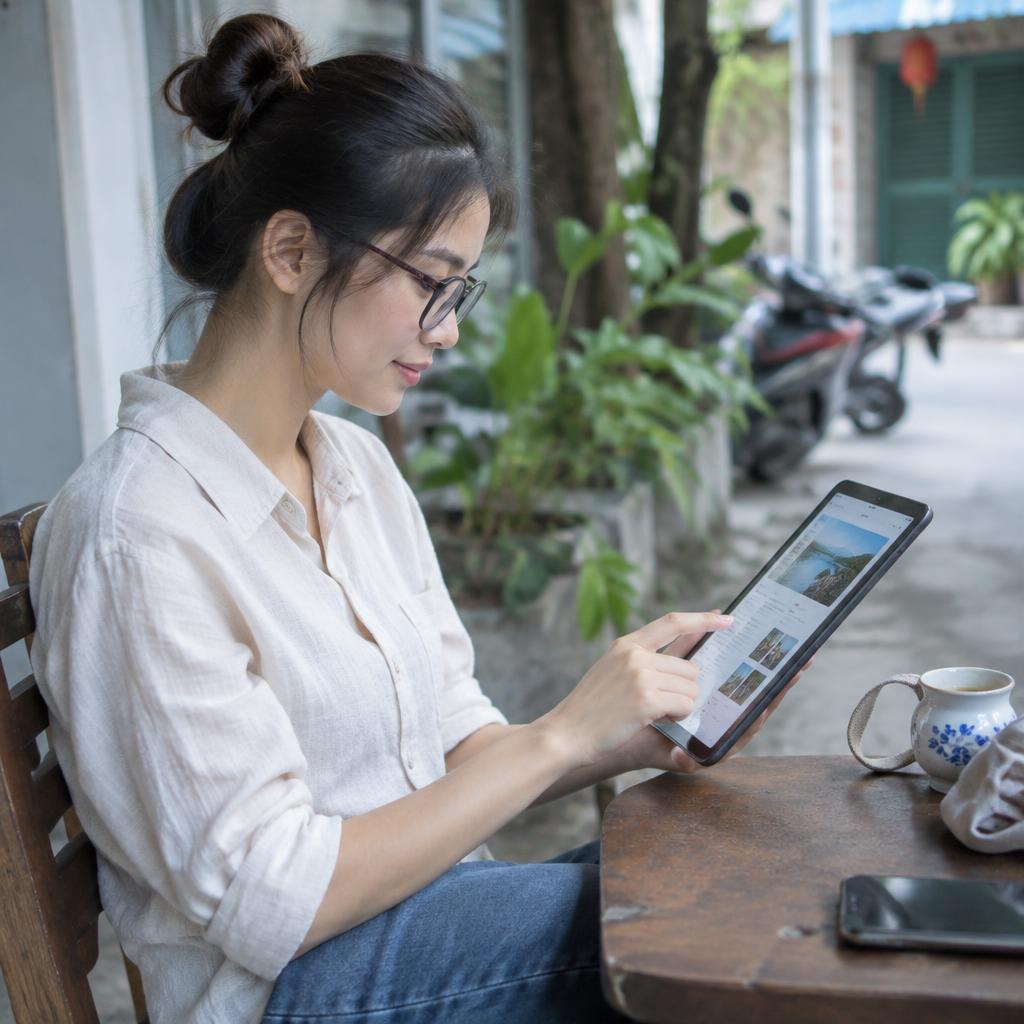 Một người phụ nữ trẻ đang mỉm cười, đeo mắt kính và đọc một bài blog về tin tức Lumi Eyewear trên máy tính bảng với giao diện sáng sủa.