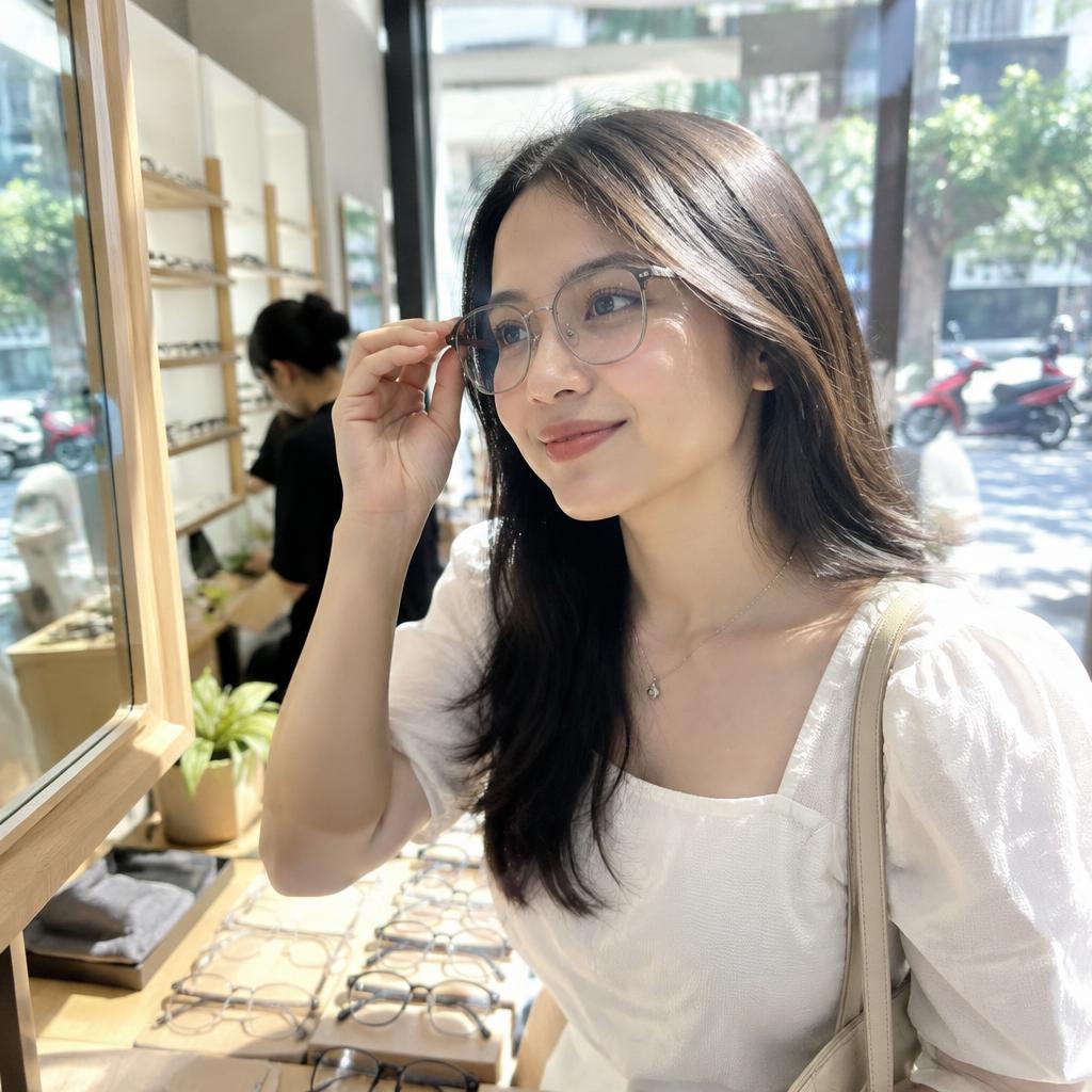Một người phụ nữ trẻ đang tự tin thử một chiếc mắt kính thời trang tại cửa hàng, thể hiện sự thoải mái và hài lòng với quyết định của mình.