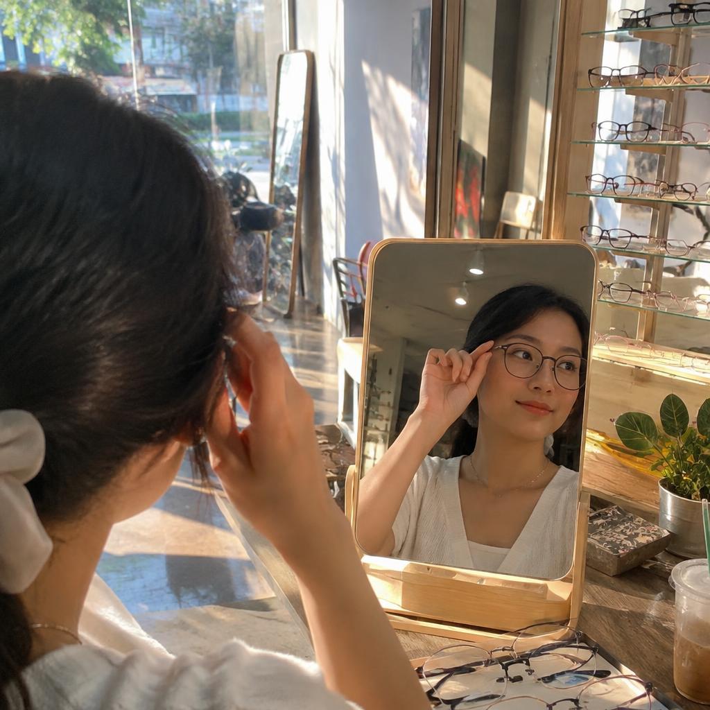 Khu vực trưng bày mắt kính trong cửa hàng Lumi Eyewear với ánh sáng hiện đại